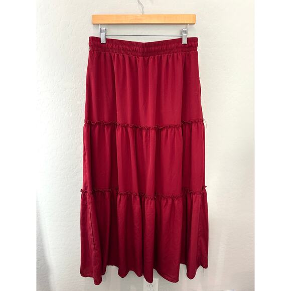 Tiered Drawstring Boho Peasant Maxi Skirt Deep Red Burgundy | Large - Picture 4 of 6